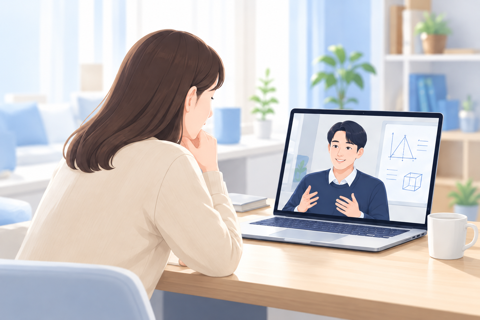학부모가 화상으로 학습 상담을 하는 모습의 일러스트